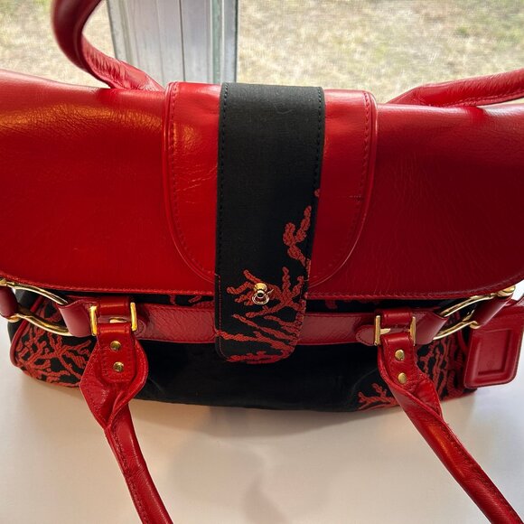 Le Duchesse Made-in-Italy Red Leather & Black Jacquard Tapestry Satchel. - Picture 2 of 14